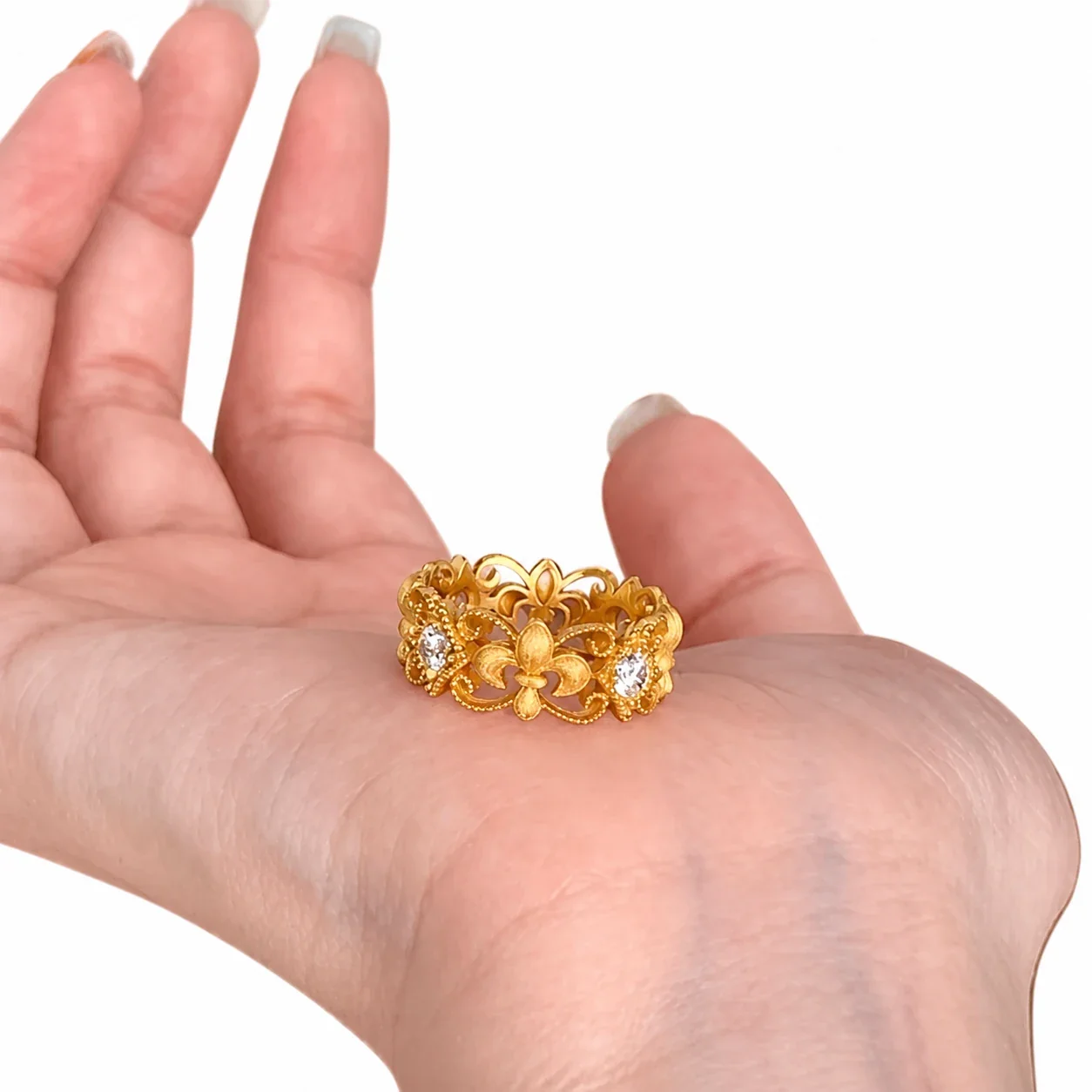 Ornate Gold-Plated Copper Fleur-de-Lis Openwork CZ Ring