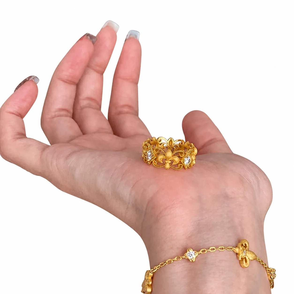 Ornate Gold-Plated Copper Fleur-de-Lis Openwork CZ Ring - Gold