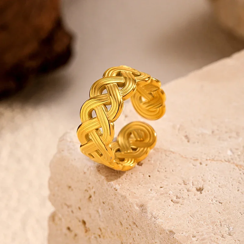 Sculptural 18K Gold PVD Braided Open Stainless Steel Ring