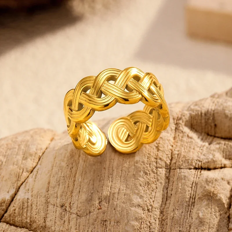 Sculptural 18K Gold PVD Braided Open Stainless Steel Ring