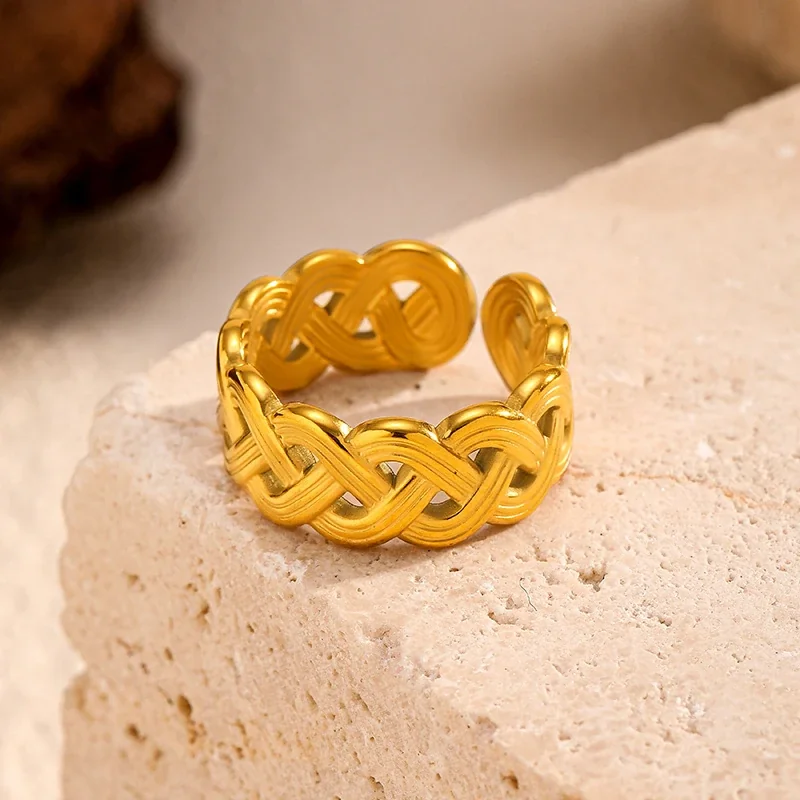 Sculptural 18K Gold PVD Braided Open Stainless Steel Ring