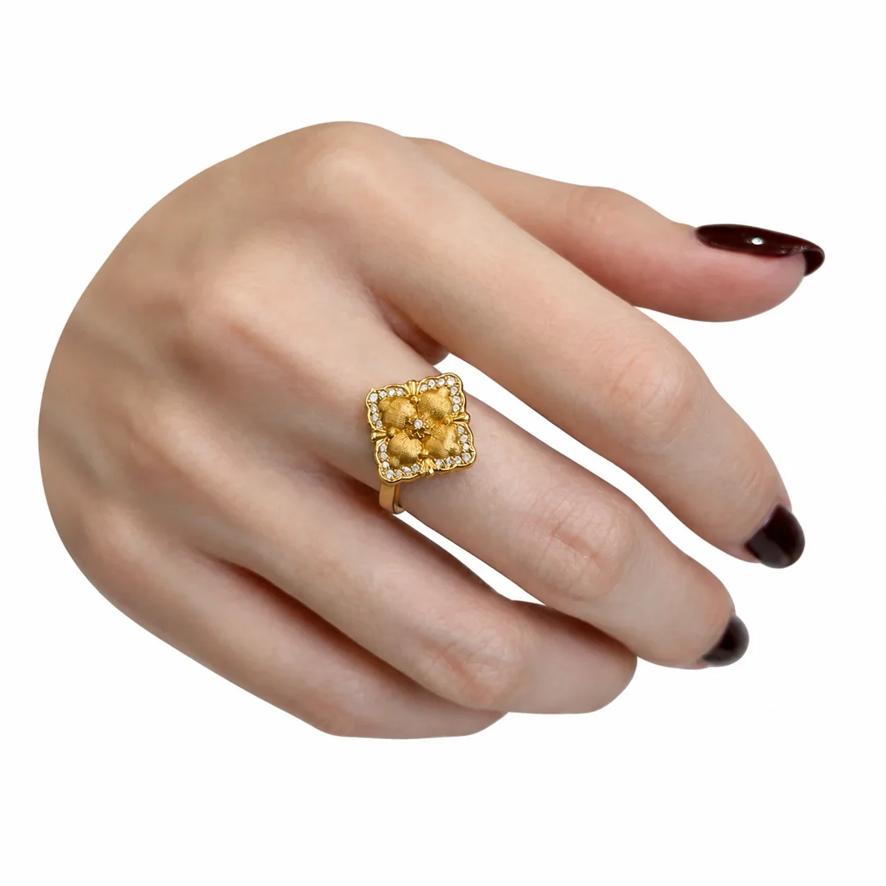Ornate Gold-Plated Four-Petal Square Copper Ring