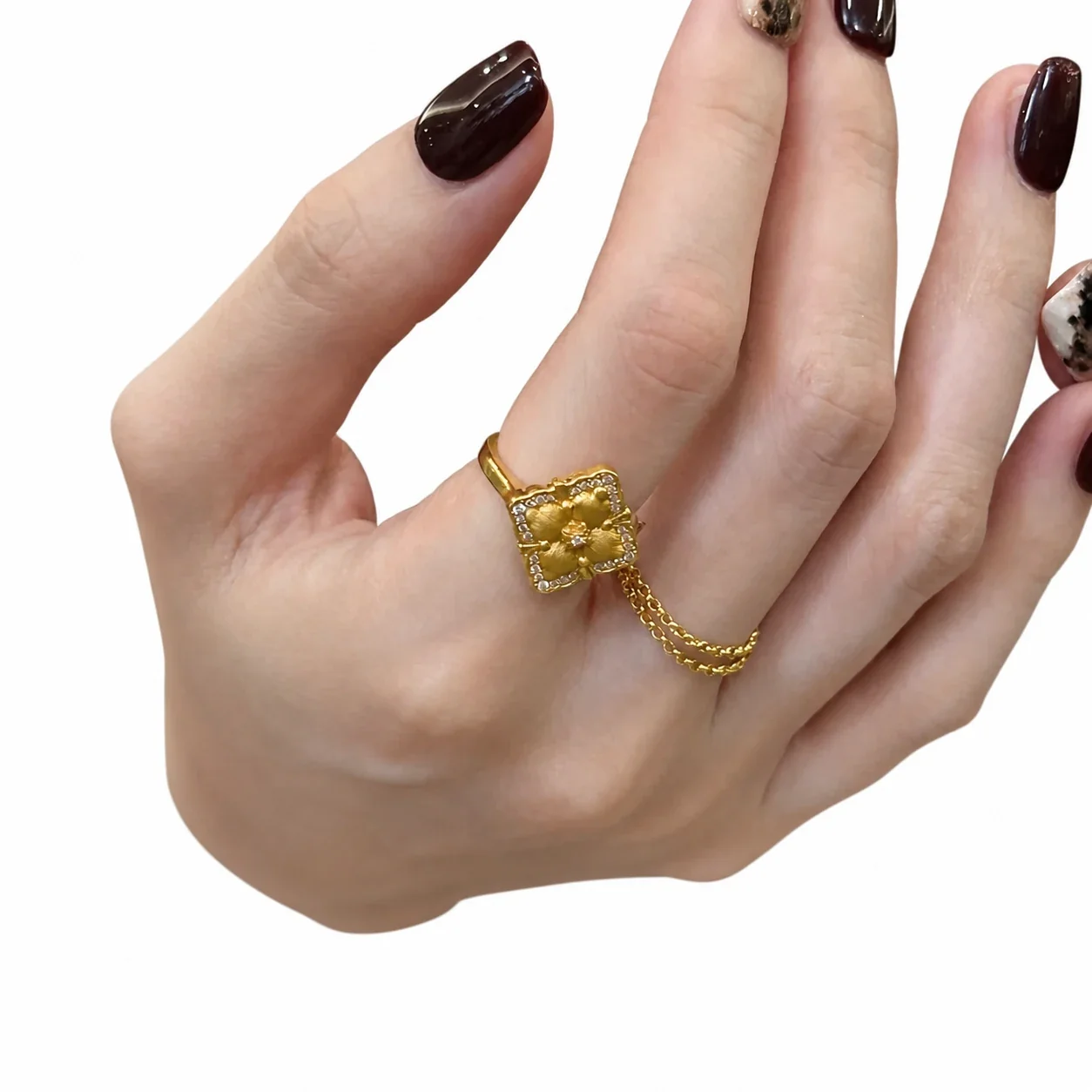 Ornate Gold-Plated Four-Petal Square Copper Ring