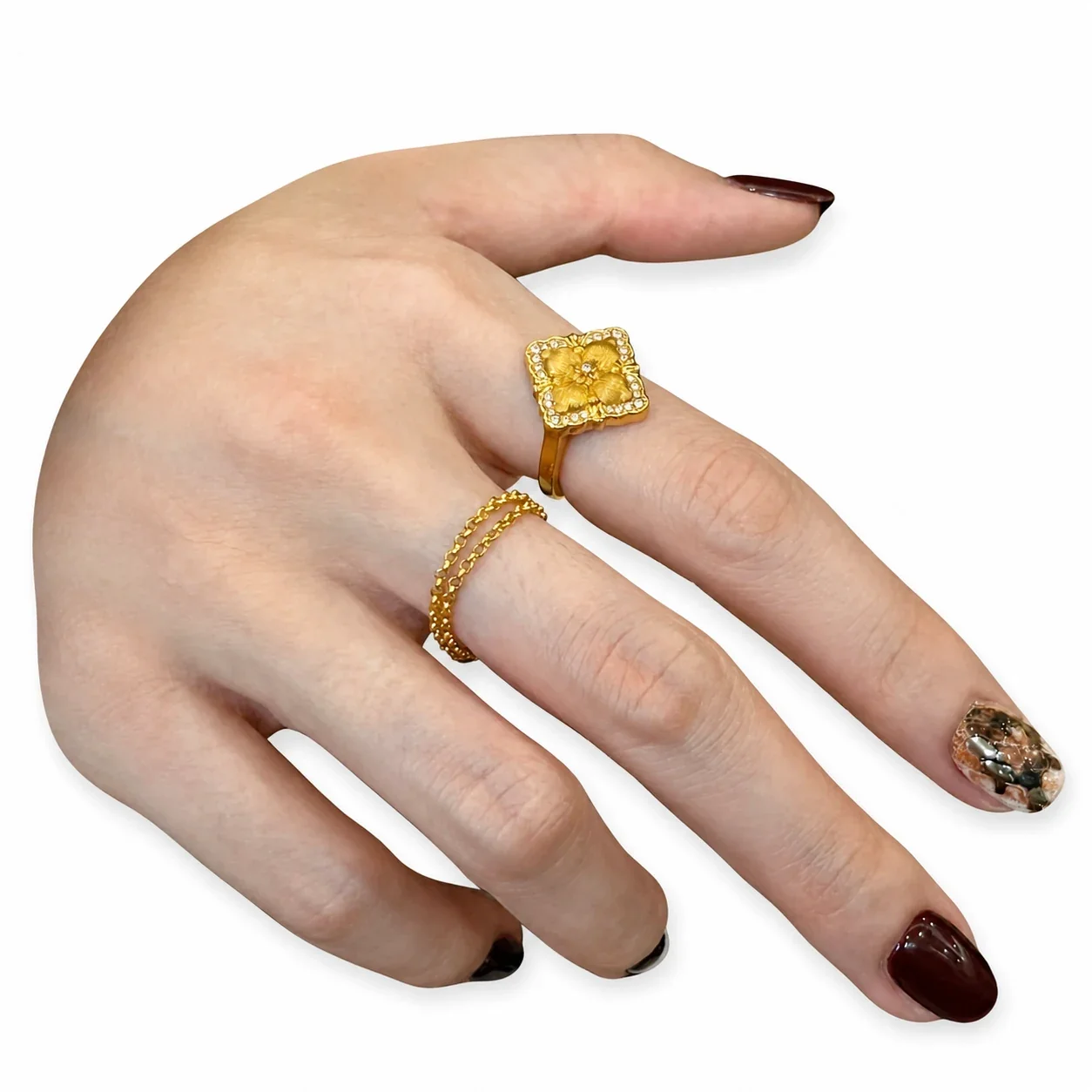 Ornate Gold-Plated Four-Petal Square Copper Ring