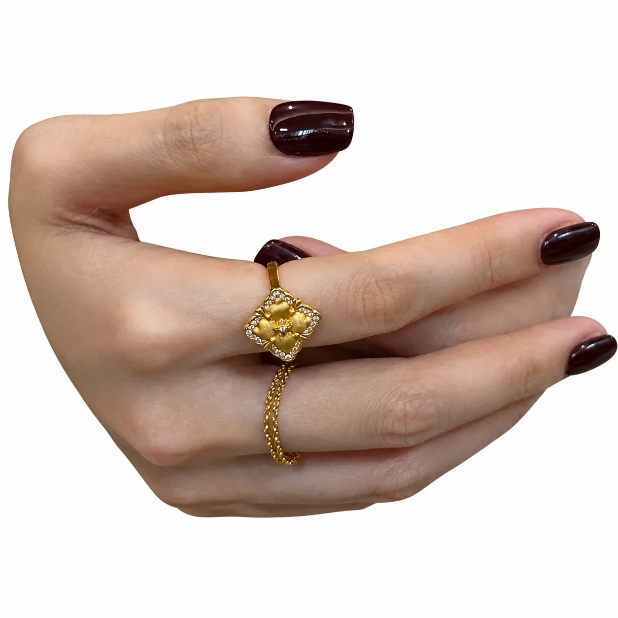 Ornate Gold-Plated Four-Petal Square Copper Ring