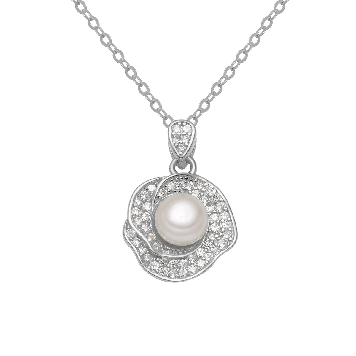 Floral 925 Sterling Silver Pearl Pavé Pendant Necklace