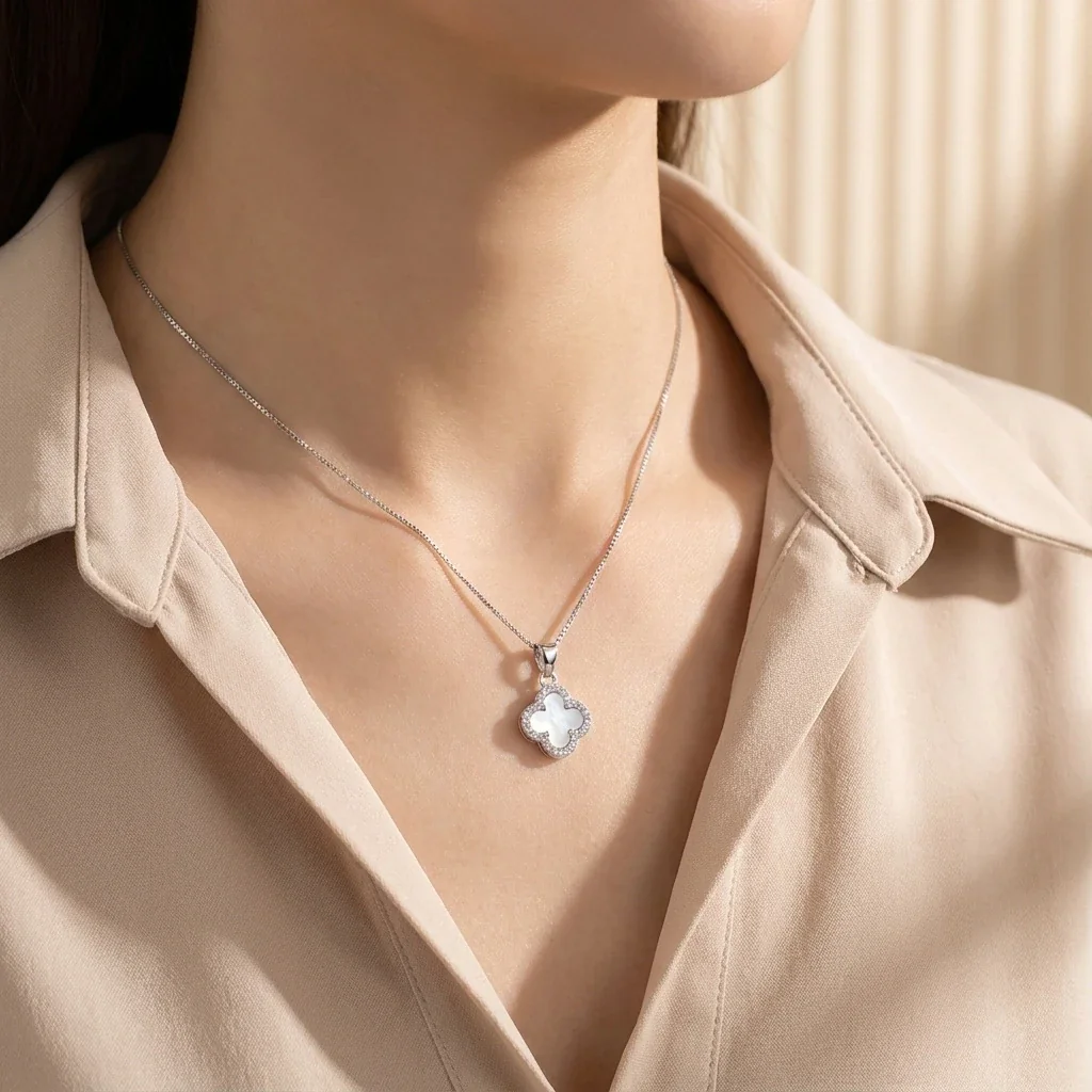 Reversible Clover 925 Sterling Silver Pavé Pendant Necklace