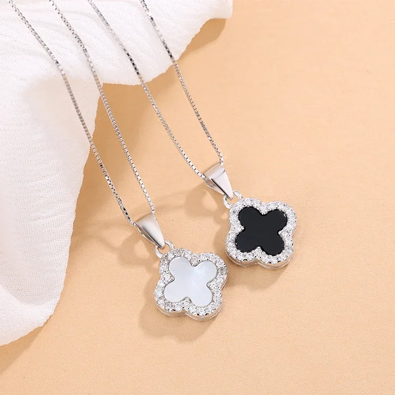 Reversible Clover 925 Sterling Silver Pavé Pendant Necklace - Silver Black White