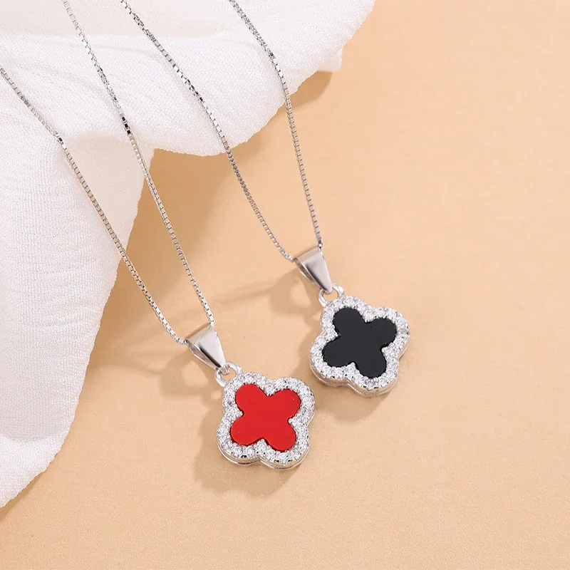 Reversible Clover 925 Sterling Silver Pavé Pendant Necklace - Silver Black Red