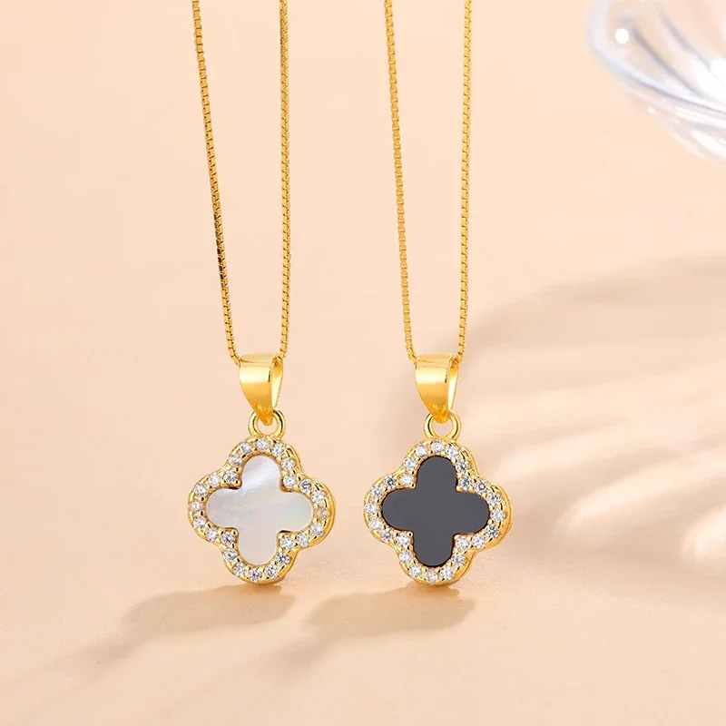 Reversible Clover 925 Sterling Silver Pavé Pendant Necklace - Gold Black White