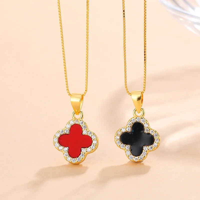 Reversible Clover 925 Sterling Silver Pavé Pendant Necklace - Gold Black Red