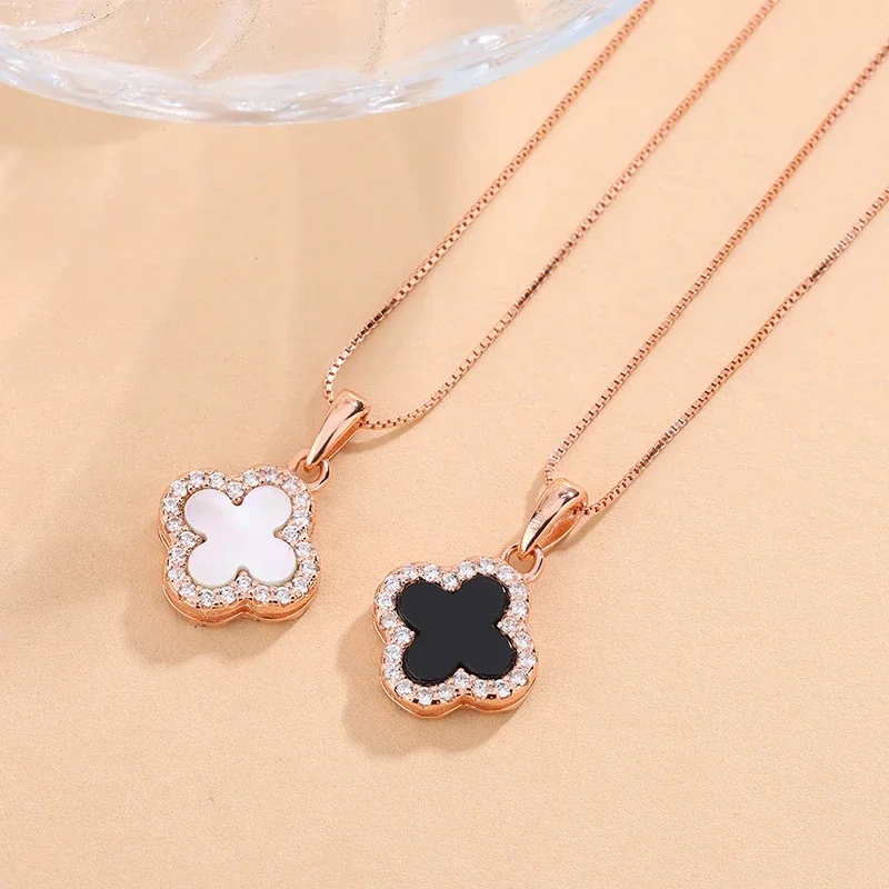 Reversible Clover 925 Sterling Silver Pavé Pendant Necklace - Rose Gold Black White