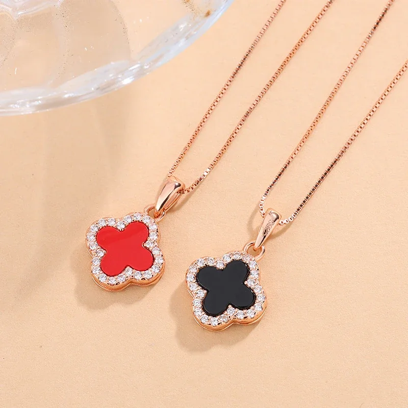 Reversible Clover 925 Sterling Silver Pavé Pendant Necklace - Rose Gold Black Red