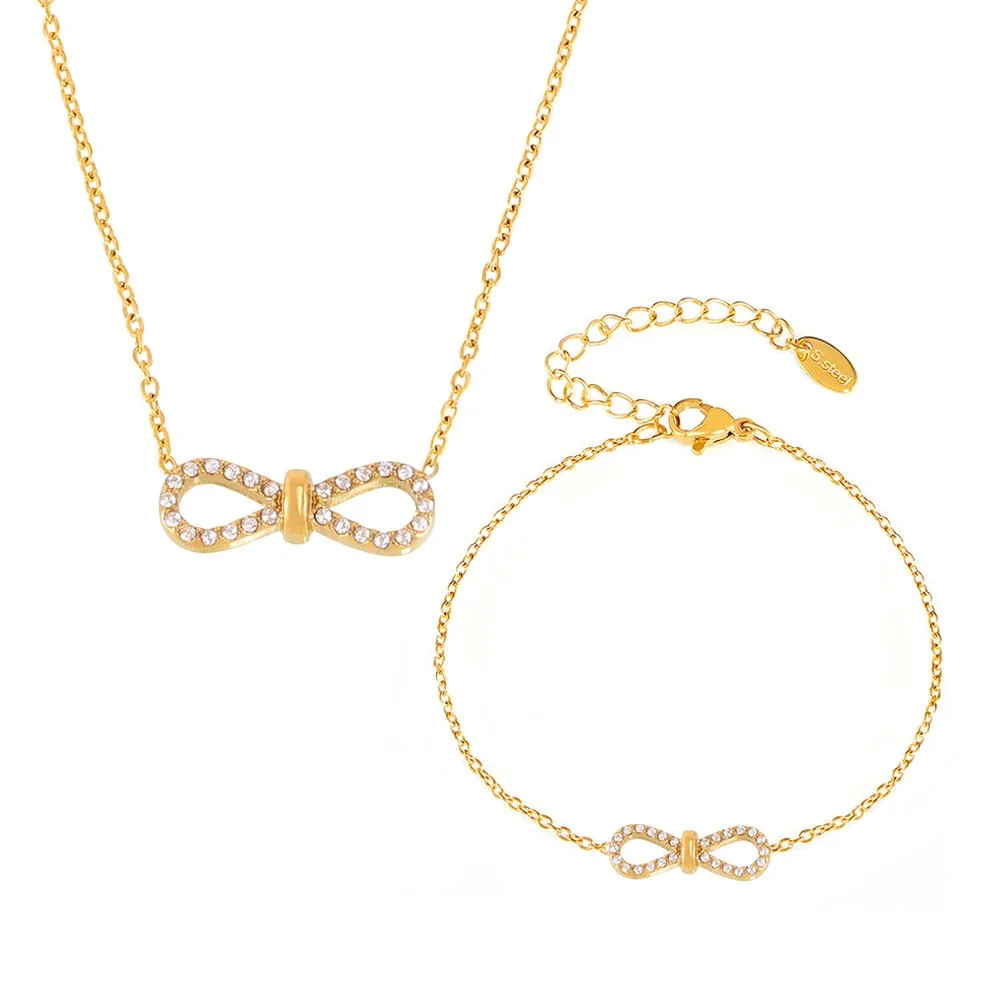 Delicate Gold PVD Pavé Bow Stainless Steel Chain Bracelet