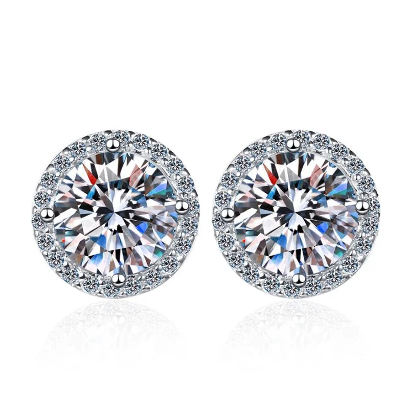 Radiant Round Halo 925 Sterling Silver Four-Prong Stud Earrings