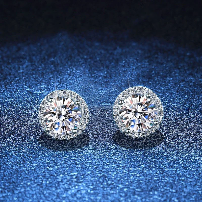 Radiant Round Halo 925 Sterling Silver Four-Prong Stud Earrings