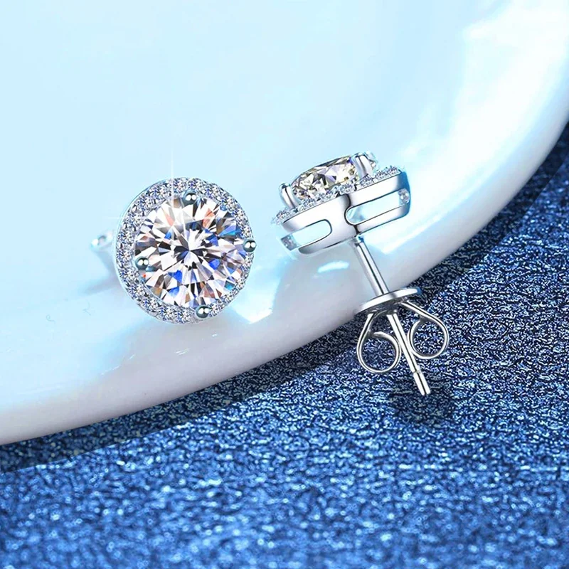 Radiant Round Halo 925 Sterling Silver Four-Prong Stud Earrings
