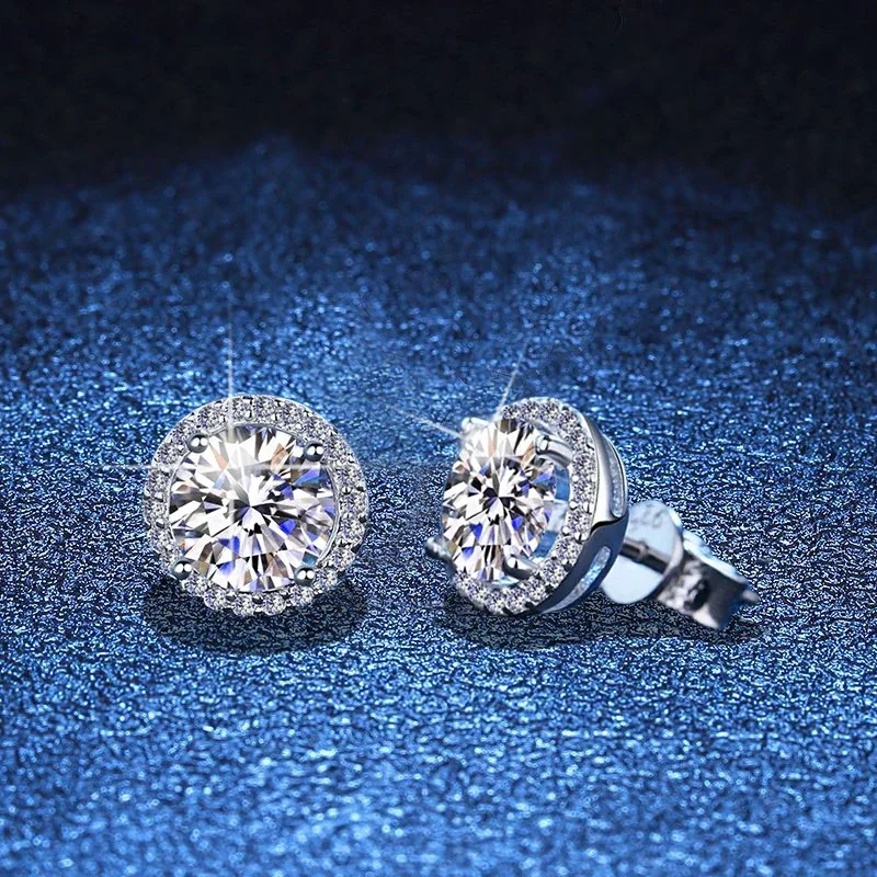 Radiant Round Halo 925 Sterling Silver Four-Prong Stud Earrings