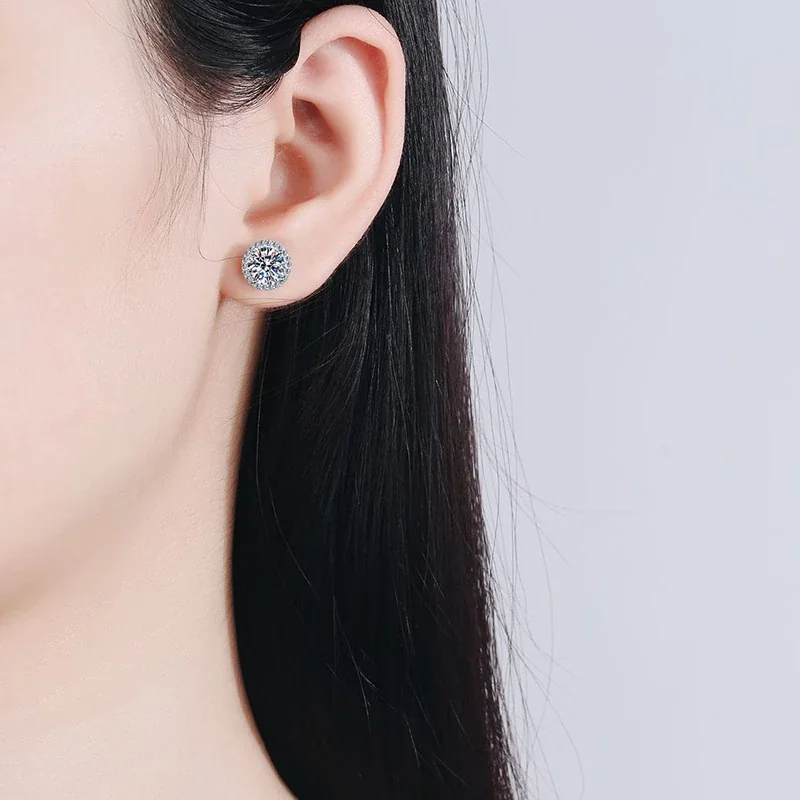 Radiant Round Halo 925 Sterling Silver Four-Prong Stud Earrings