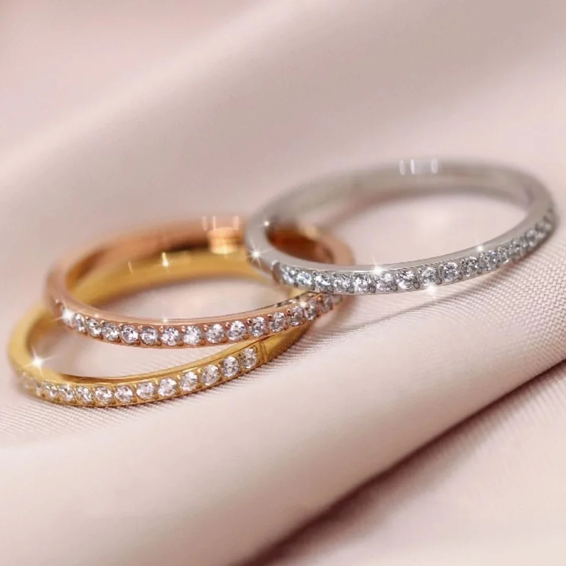 Delicate Stainless Steel Half-Eternity Clear Stone Ring