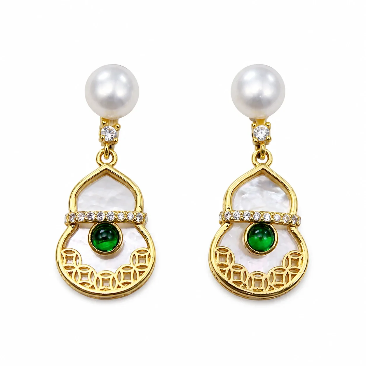 Ornate Gold-Plated Round Stud Filigree Freshwater Pearl Drop Earrings