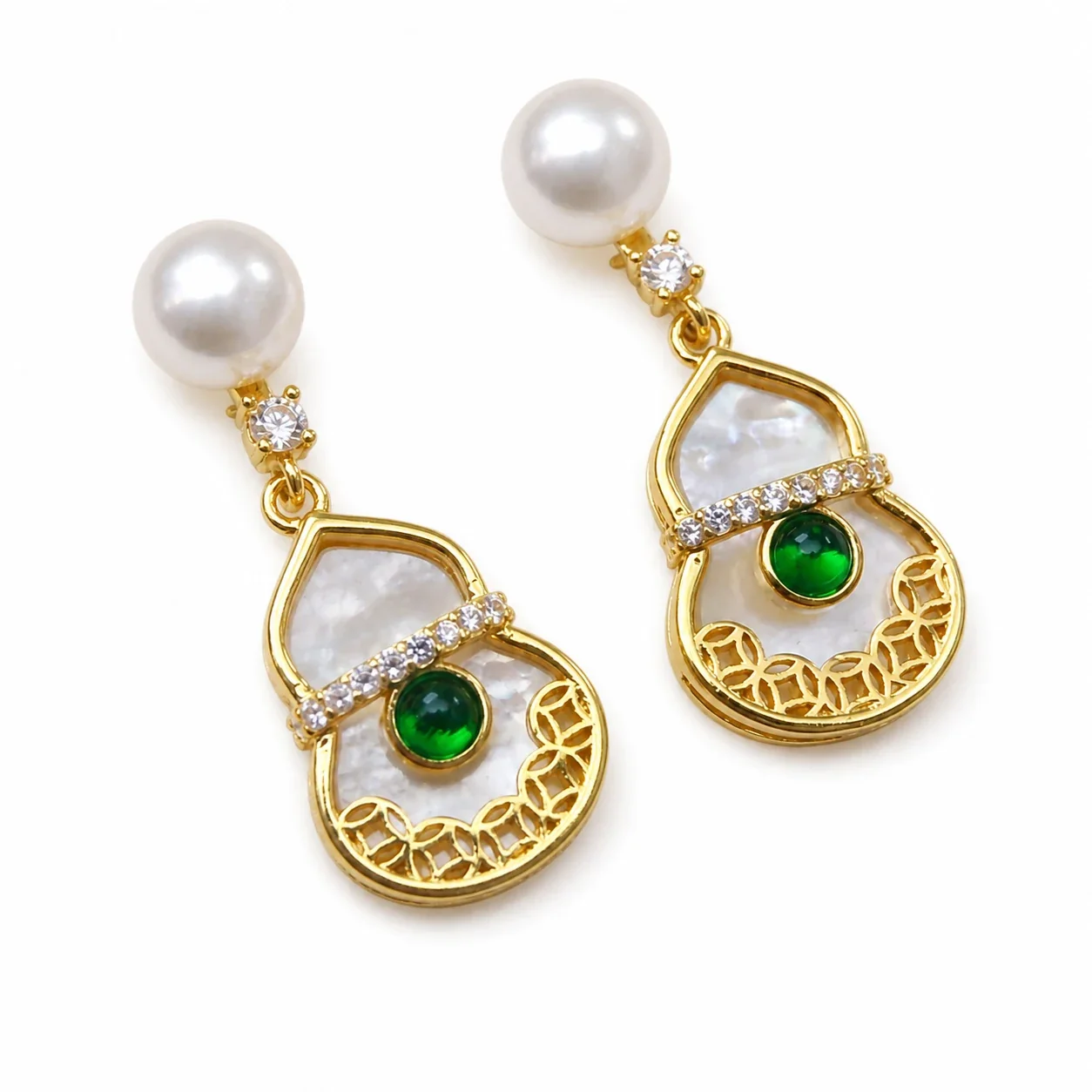 Ornate Gold-Plated Round Stud Filigree Freshwater Pearl Drop Earrings