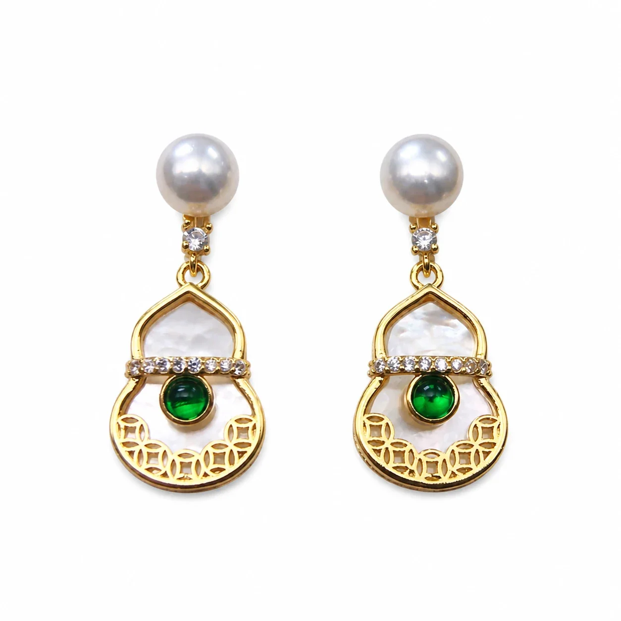 Ornate Gold-Plated Round Stud Filigree Freshwater Pearl Drop Earrings - Gold
