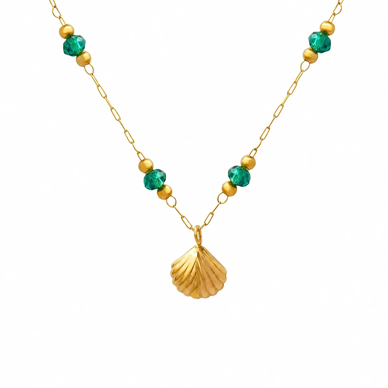Coastal 18K Gold-Plated Stainless Steel Scallop Green Bead Necklace