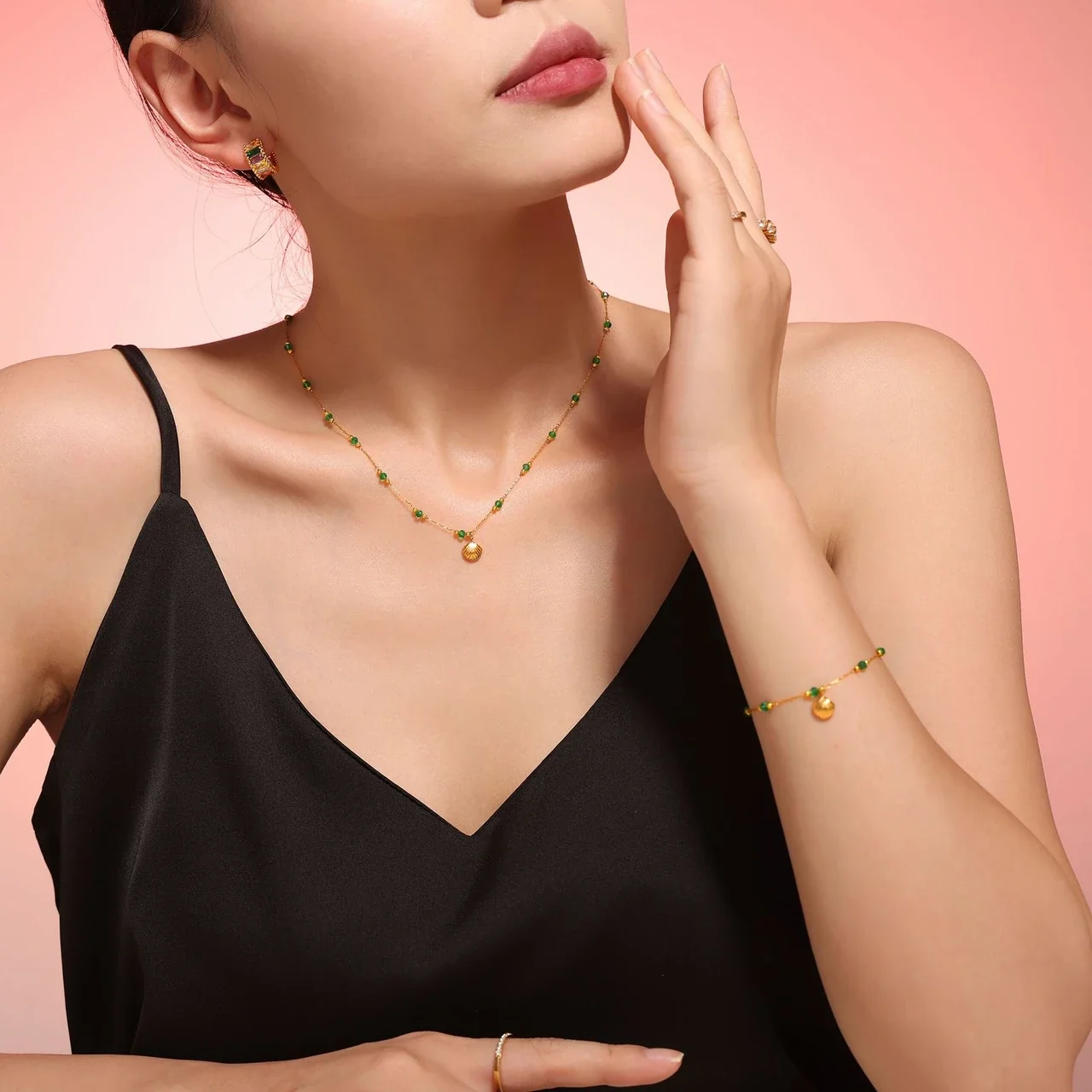 Coastal 18K Gold-Plated Stainless Steel Scallop Green Bead Necklace