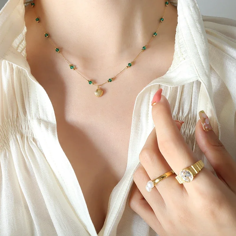 Coastal 18K Gold-Plated Stainless Steel Scallop Green Bead Necklace