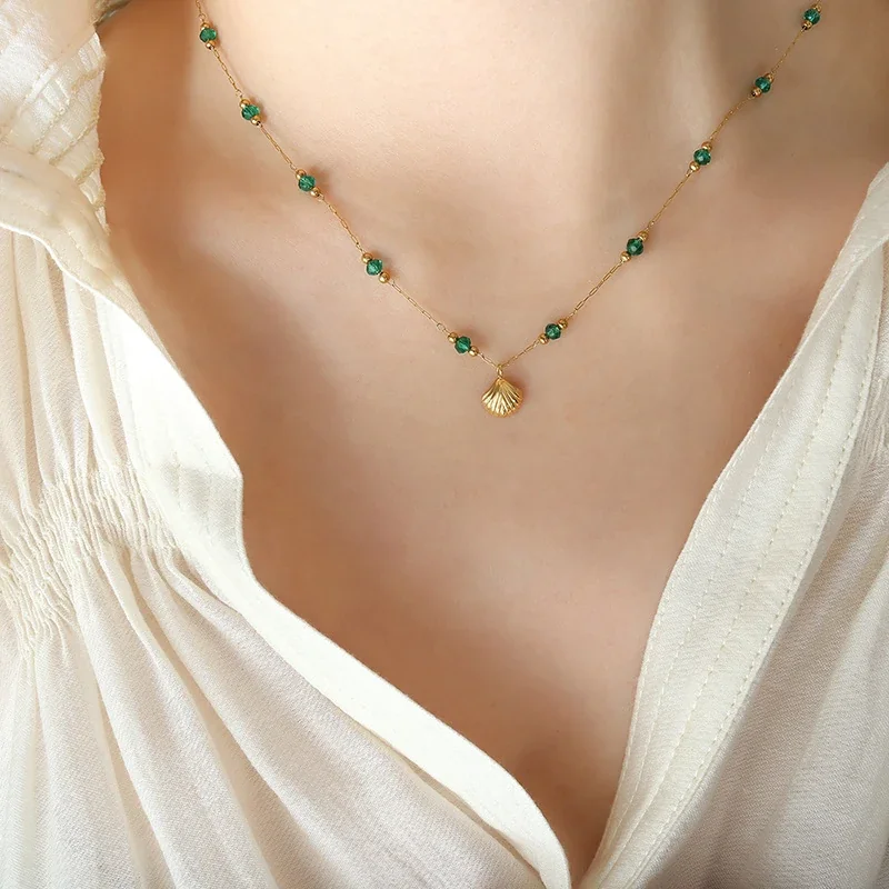 Coastal 18K Gold-Plated Stainless Steel Scallop Green Bead Necklace - Gold 41+5 cm