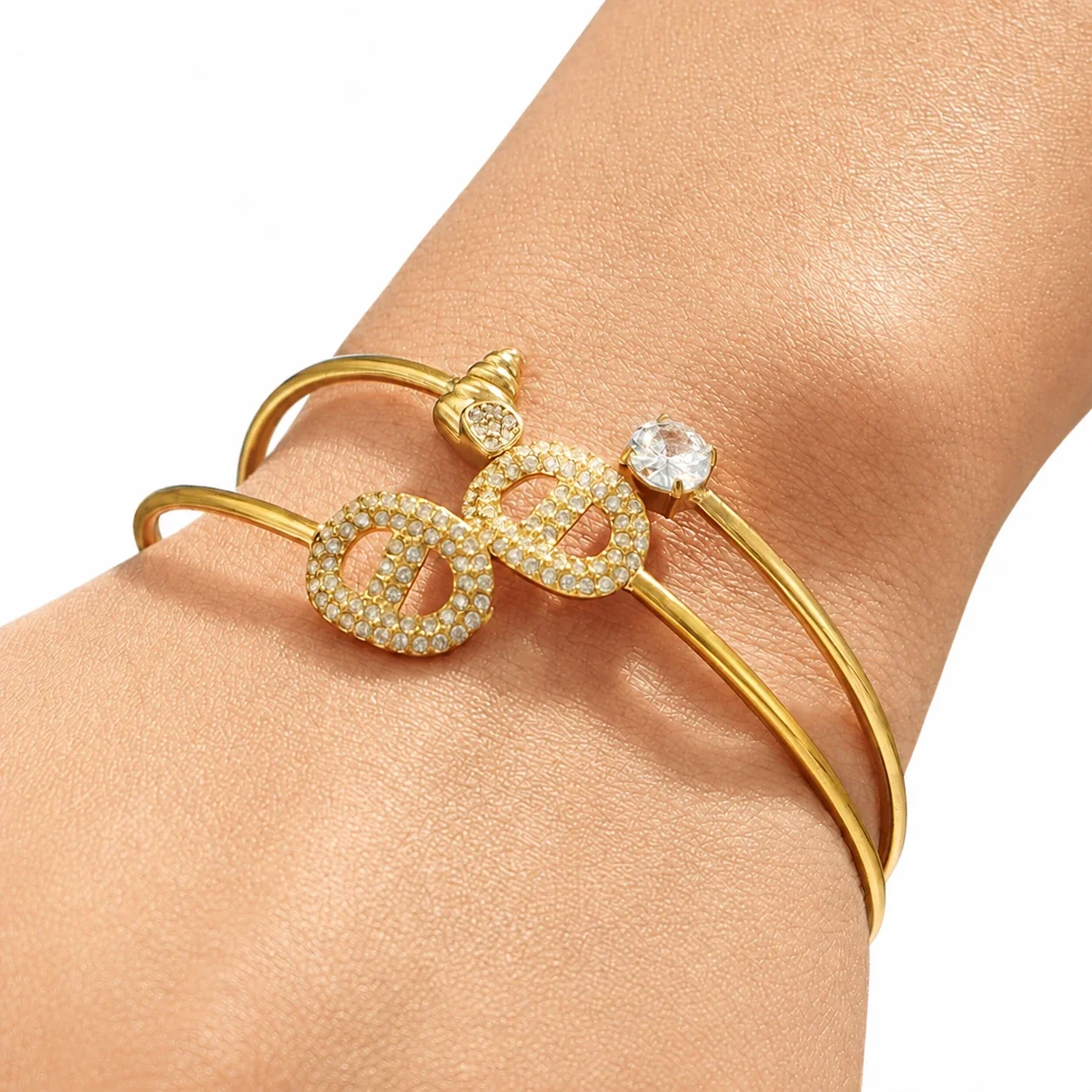 Sleek Oval Pavé Stainless Steel Open Cuff Bangle