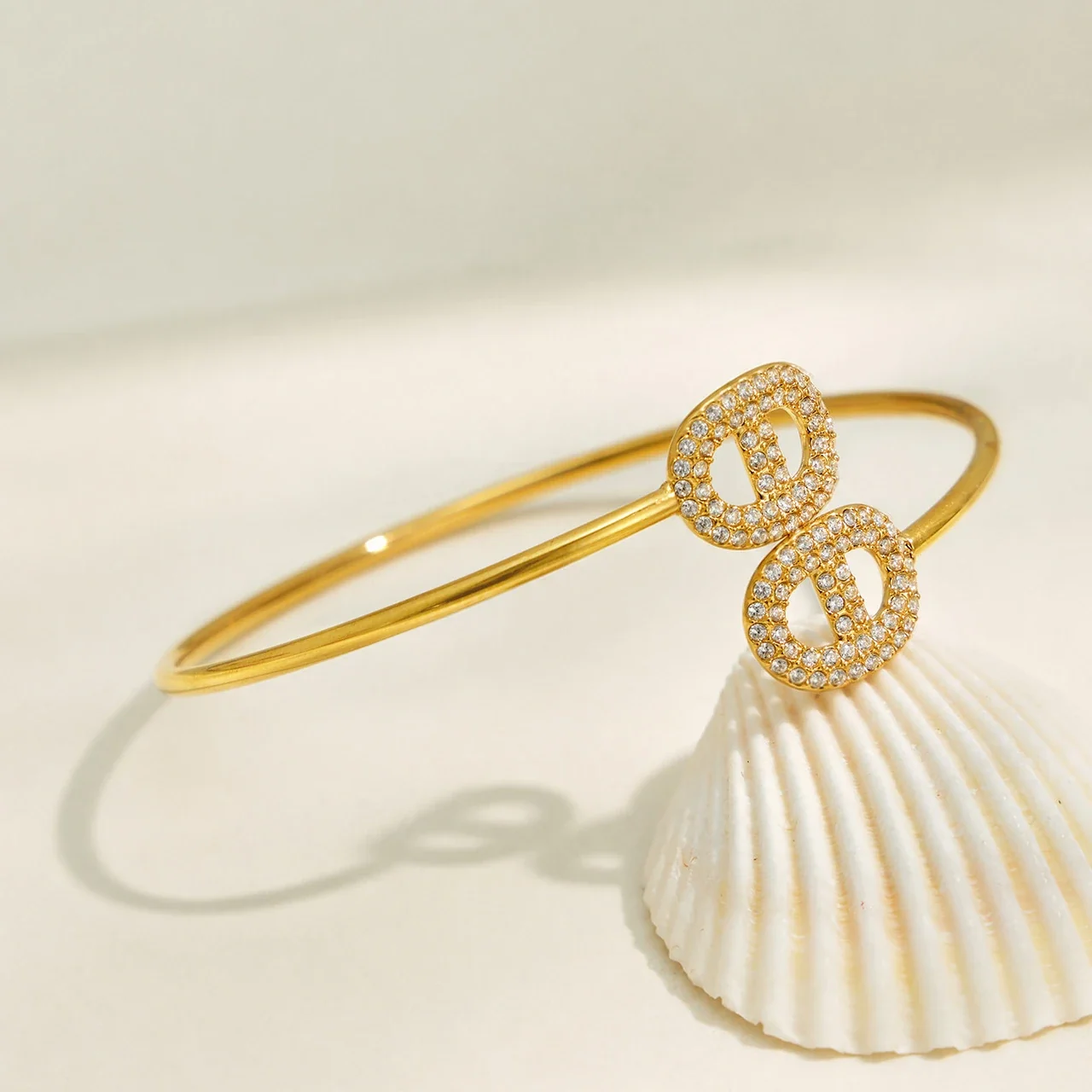 Sleek Oval Pavé Stainless Steel Open Cuff Bangle