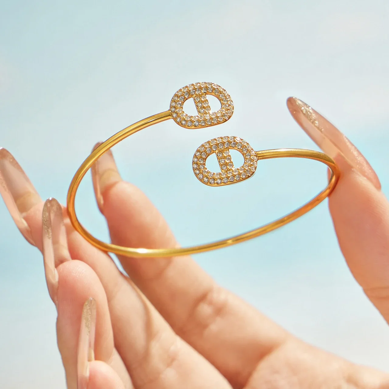 Sleek Oval Pavé Stainless Steel Open Cuff Bangle