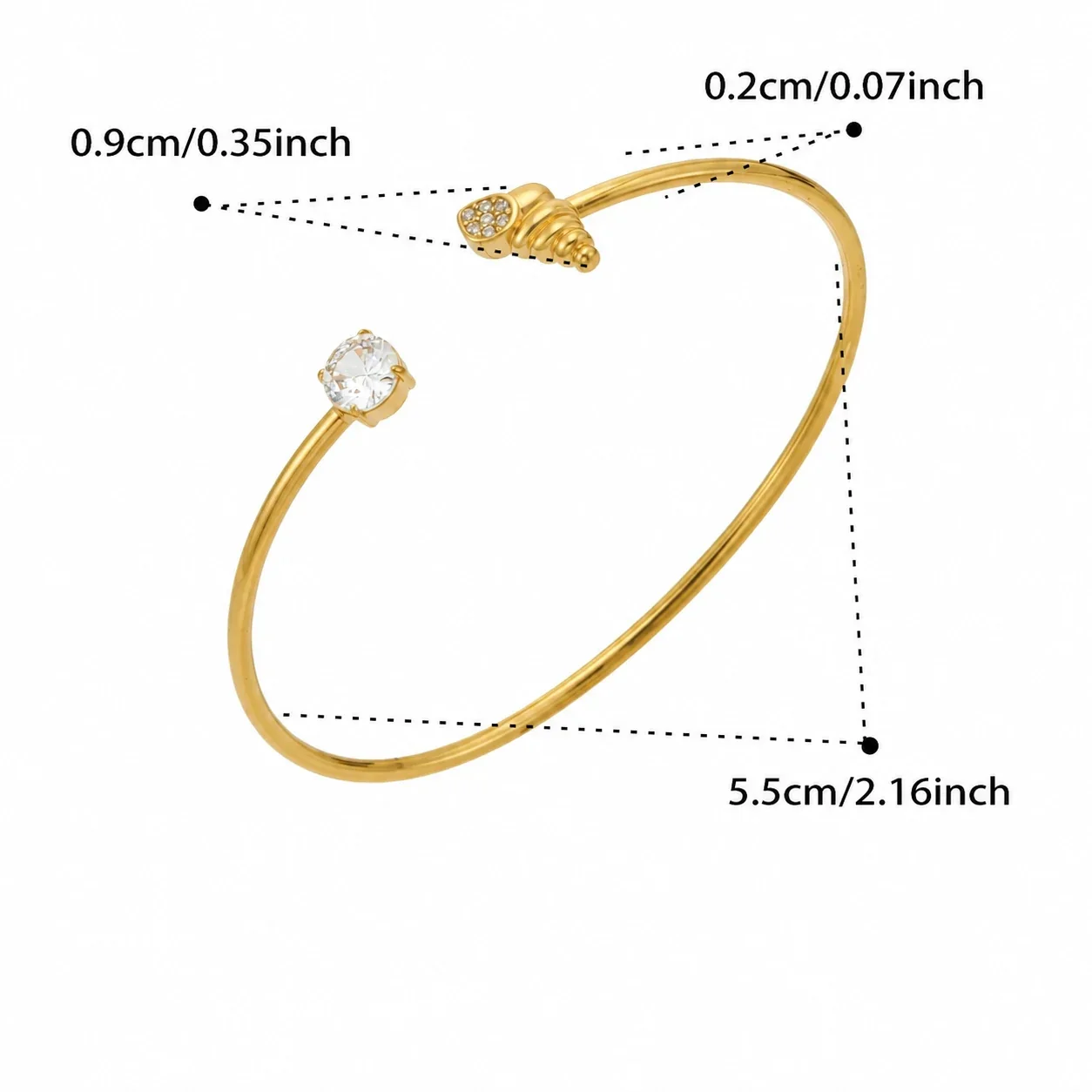 Sleek Oval Pavé Stainless Steel Open Cuff Bangle - Gold Conch CZ