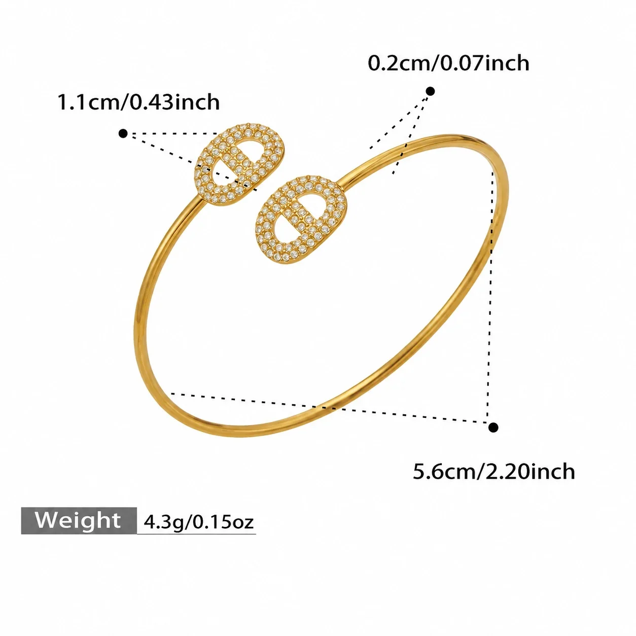 Sleek Oval Pavé Stainless Steel Open Cuff Bangle - Gold Oval Pavé CZ