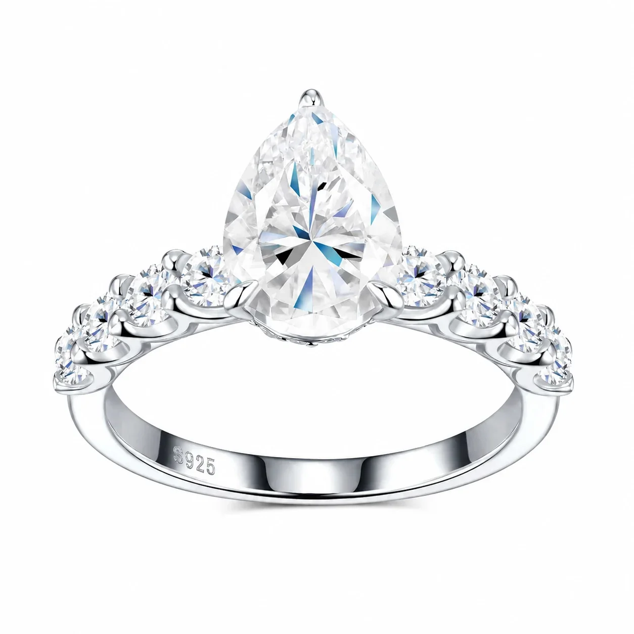 Luminous 925 Sterling Silver Pear-Cut Pavé Split-Shank Moissanite Ring