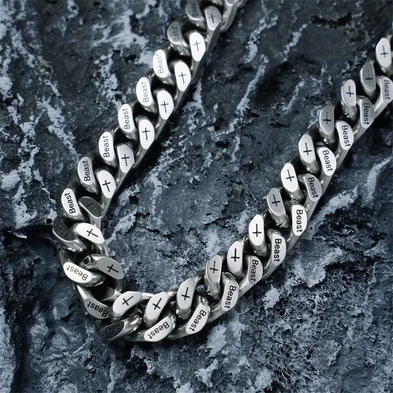 Engraved Cross and Script Link Stainless Steel Bracelet