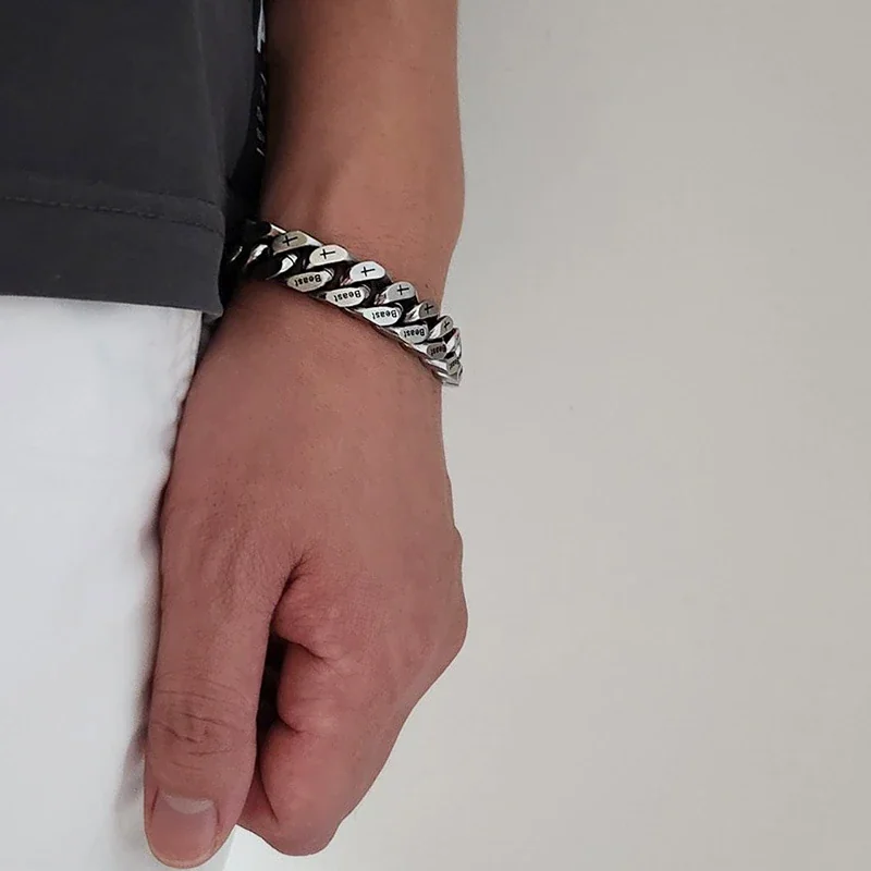 Engraved Cross and Script Link Stainless Steel Bracelet