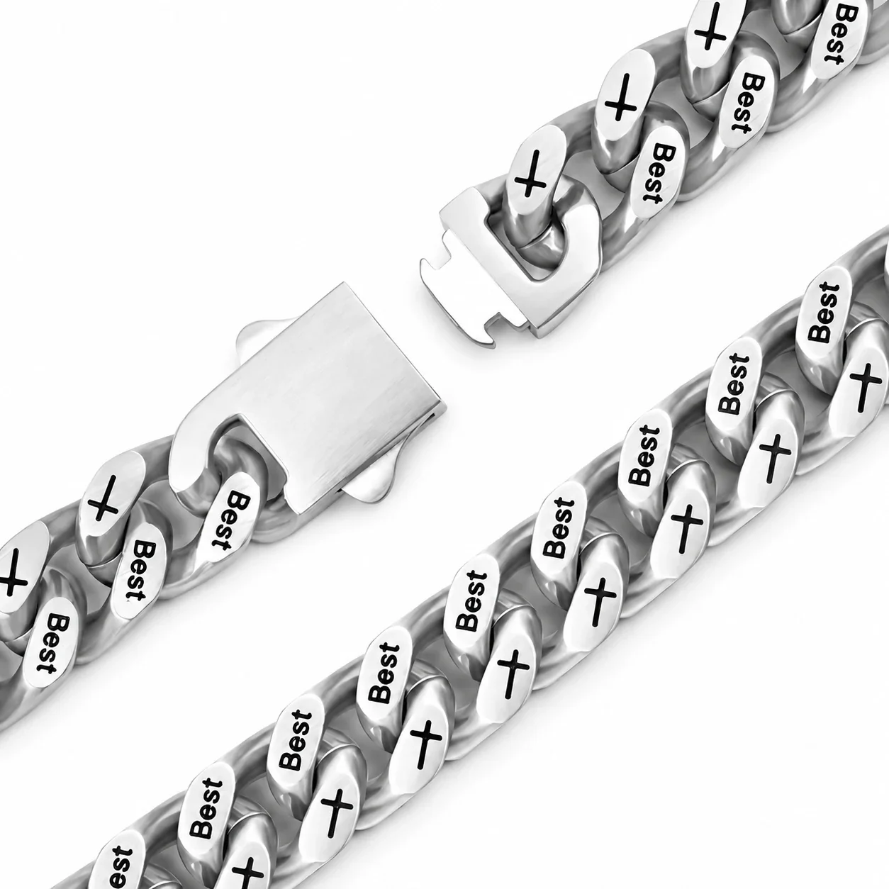 Engraved Cross and Script Link Stainless Steel Bracelet