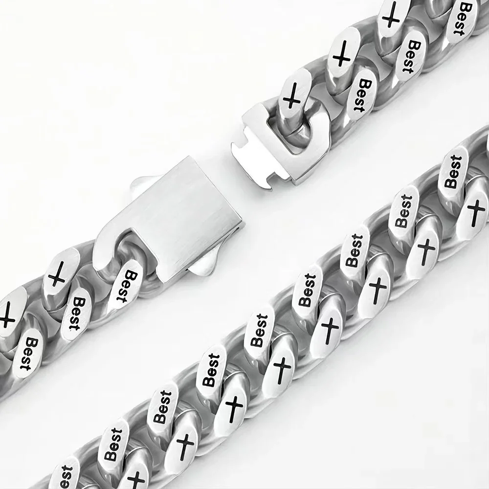 Engraved Cross and Script Link Stainless Steel Bracelet - 9 mm Brushed Engraved