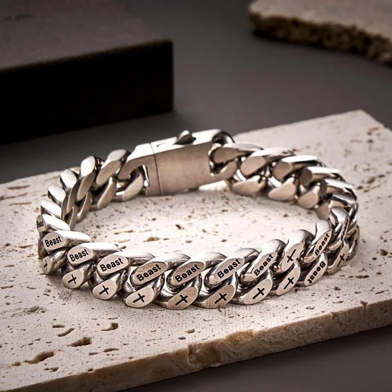 Engraved Cross and Script Link Stainless Steel Bracelet - 12 mm Brushed Engraved