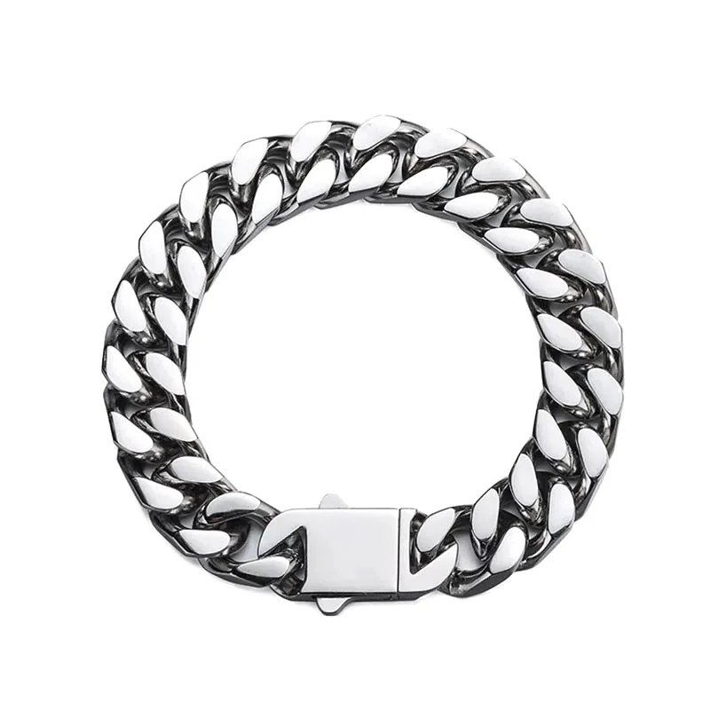 Engraved Cross and Script Link Stainless Steel Bracelet - 12 mm Polished