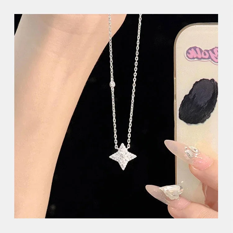 Sparkling Four-Point Star 925 Sterling Silver CZ Necklace