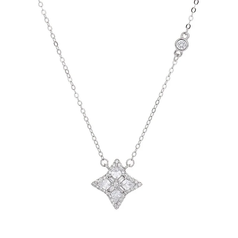 Sparkling Four-Point Star 925 Sterling Silver CZ Necklace - Silver