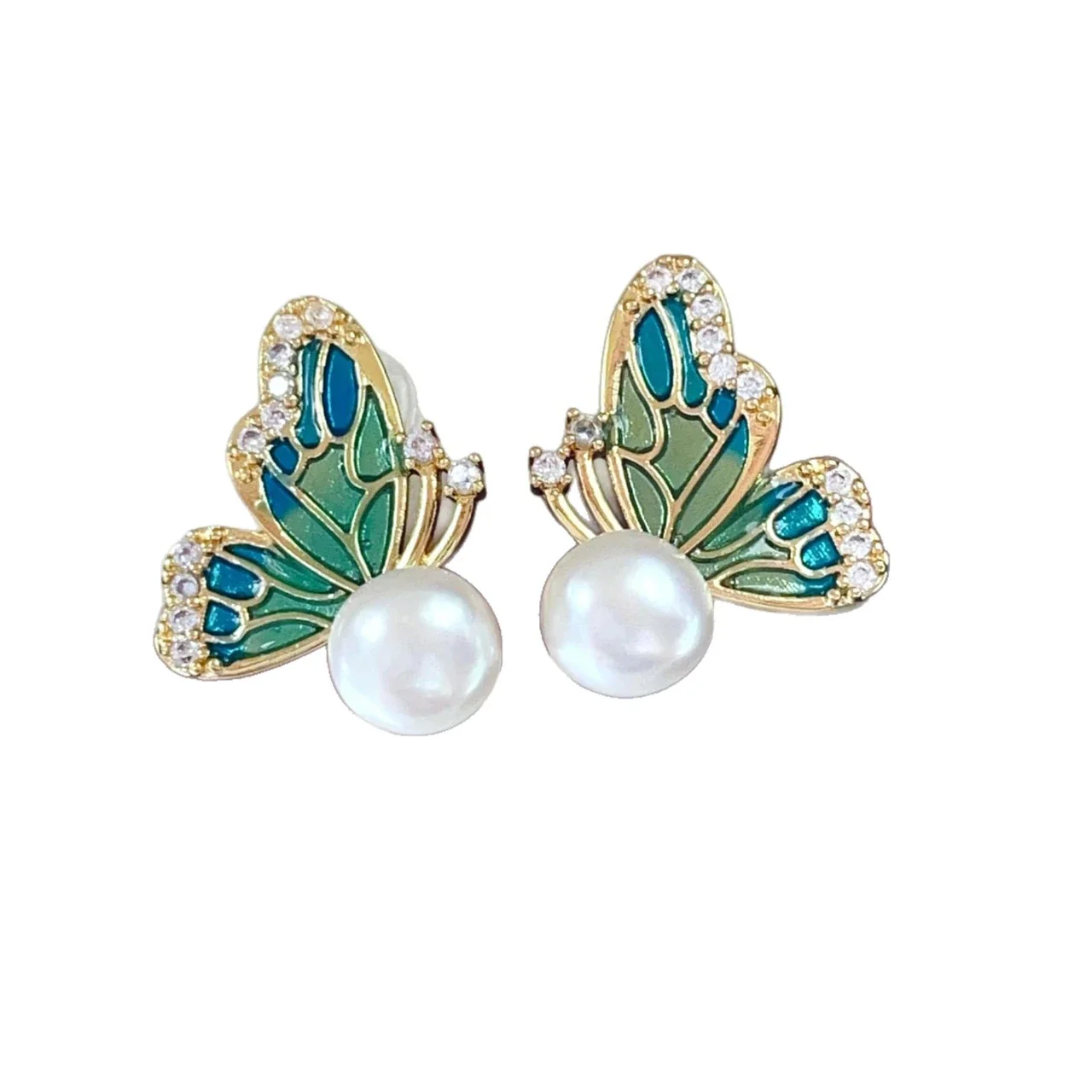 Ornate Gold-Plated Enamel Butterfly Freshwater Pearl Stud Earrings