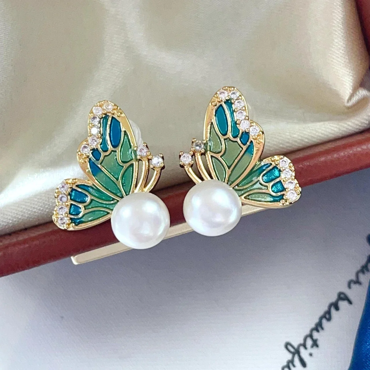 Ornate Gold-Plated Enamel Butterfly Freshwater Pearl Stud Earrings