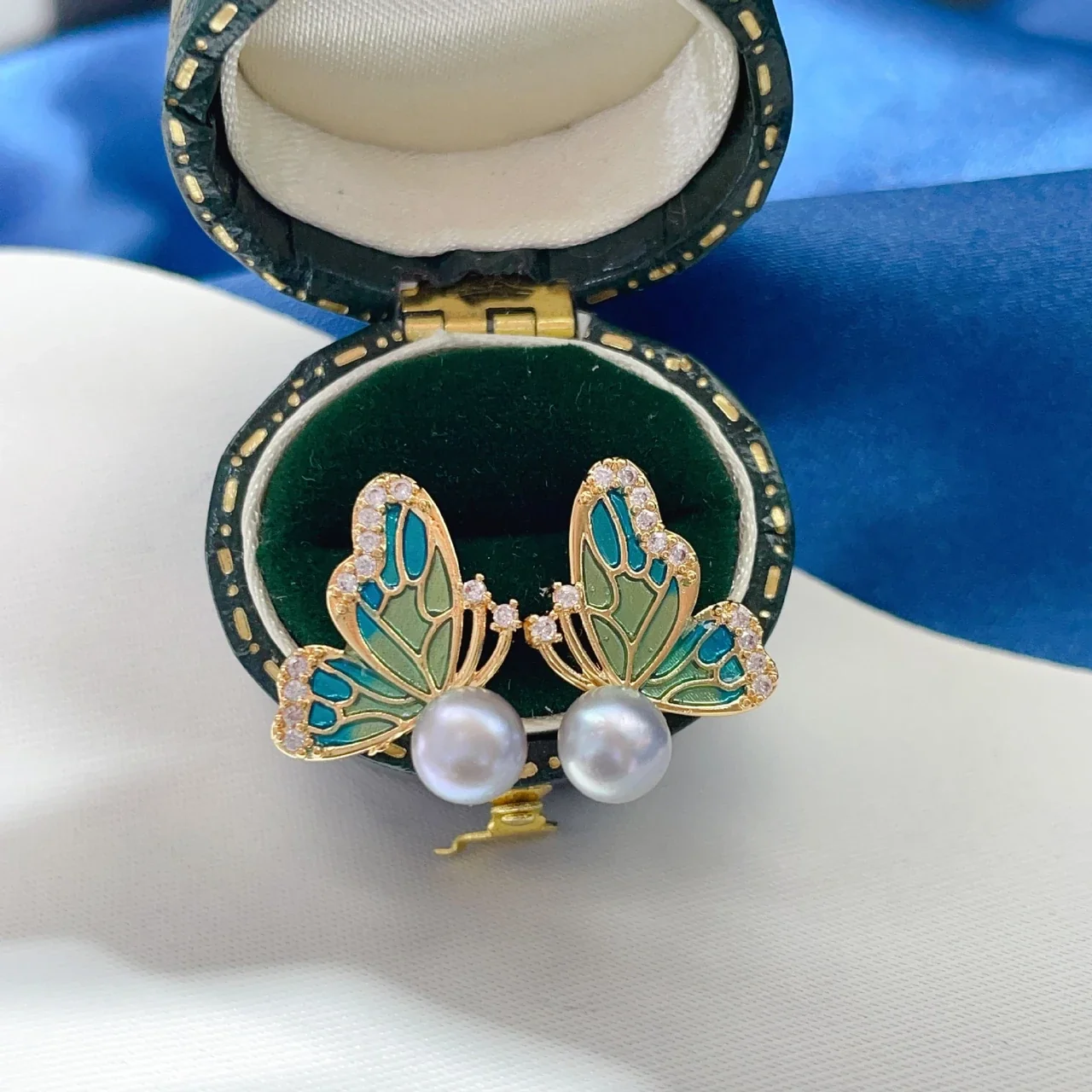 Ornate Gold-Plated Enamel Butterfly Freshwater Pearl Stud Earrings