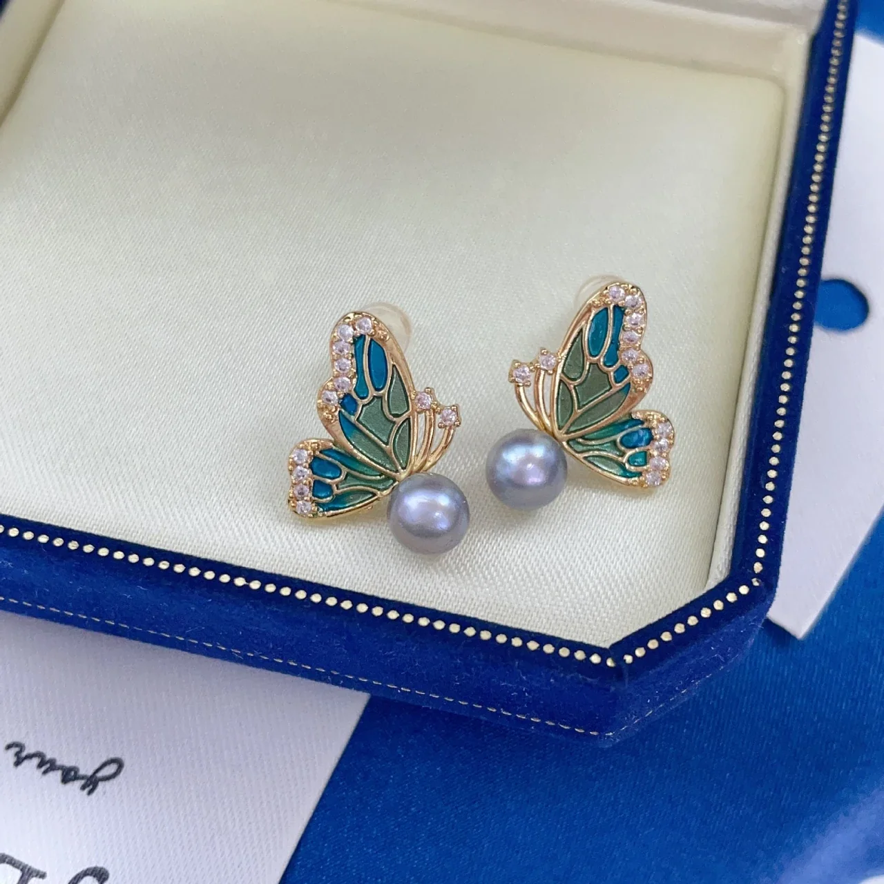 Ornate Gold-Plated Enamel Butterfly Freshwater Pearl Stud Earrings