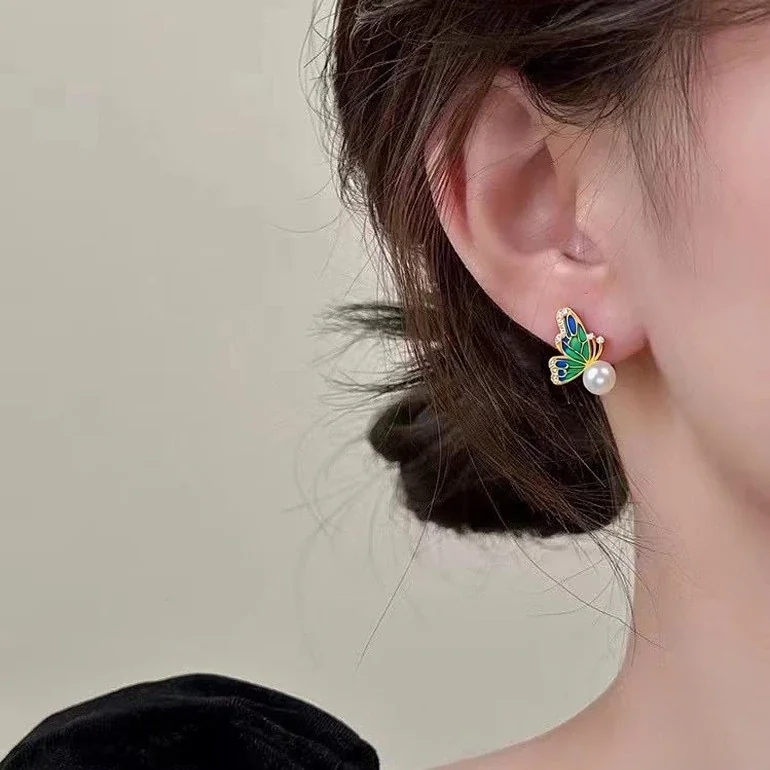 Ornate Gold-Plated Enamel Butterfly Freshwater Pearl Stud Earrings
